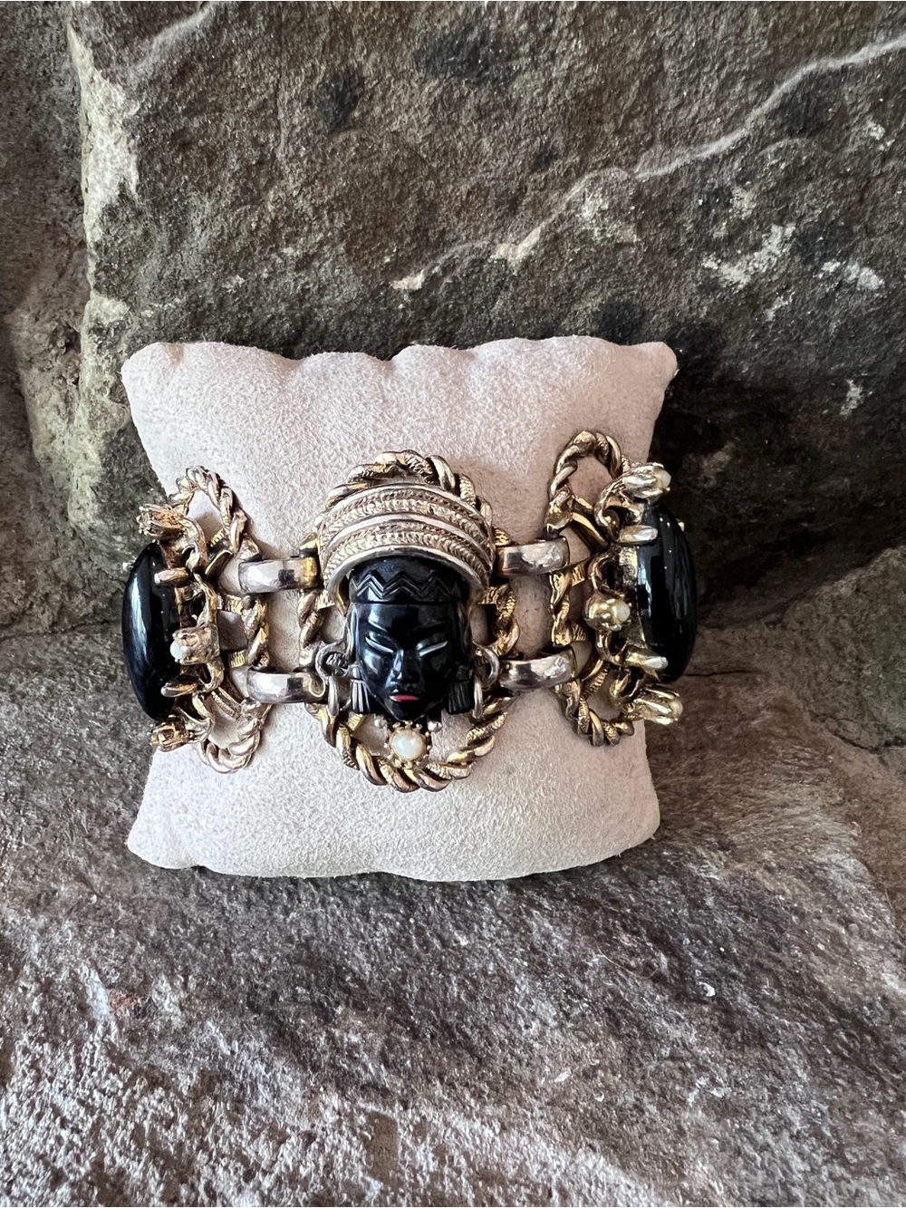 Vintage Gold-Tone Black Carved Face Statement Bracelet